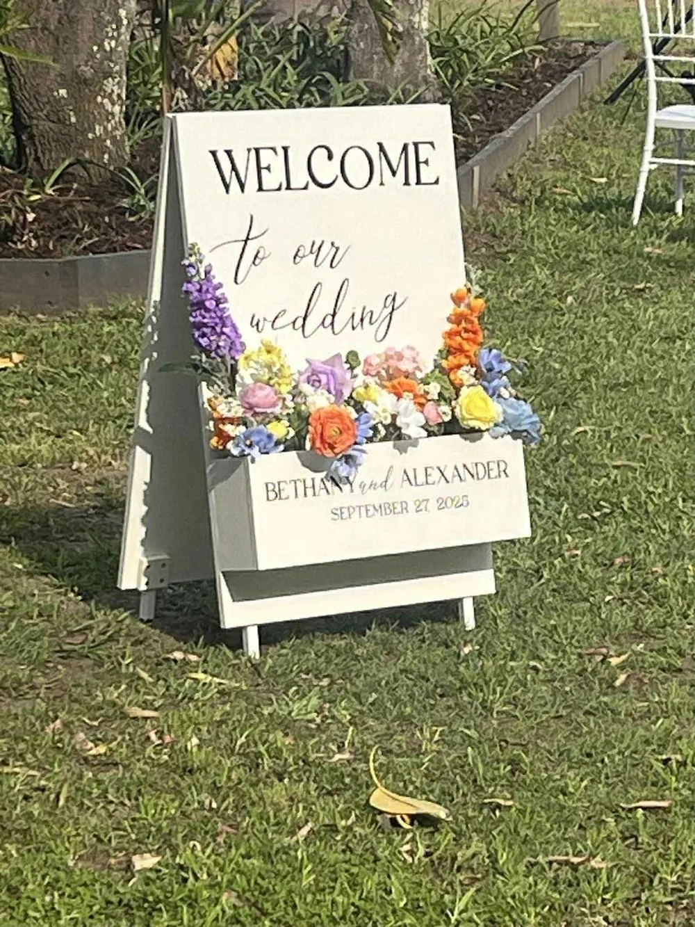 Welcome to our wedding sign with flower box